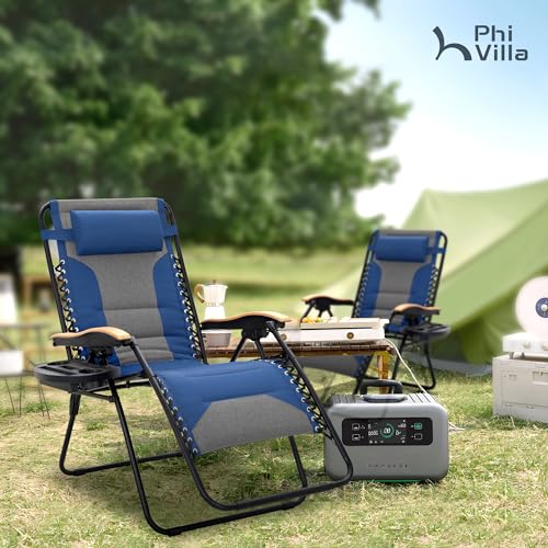 PHI VILLA Thumb Blue XXL Oversized Padded Zero Gravity Chair | Foldable Patio Recliner | 30" Wide Seat Anti Gravity Loun